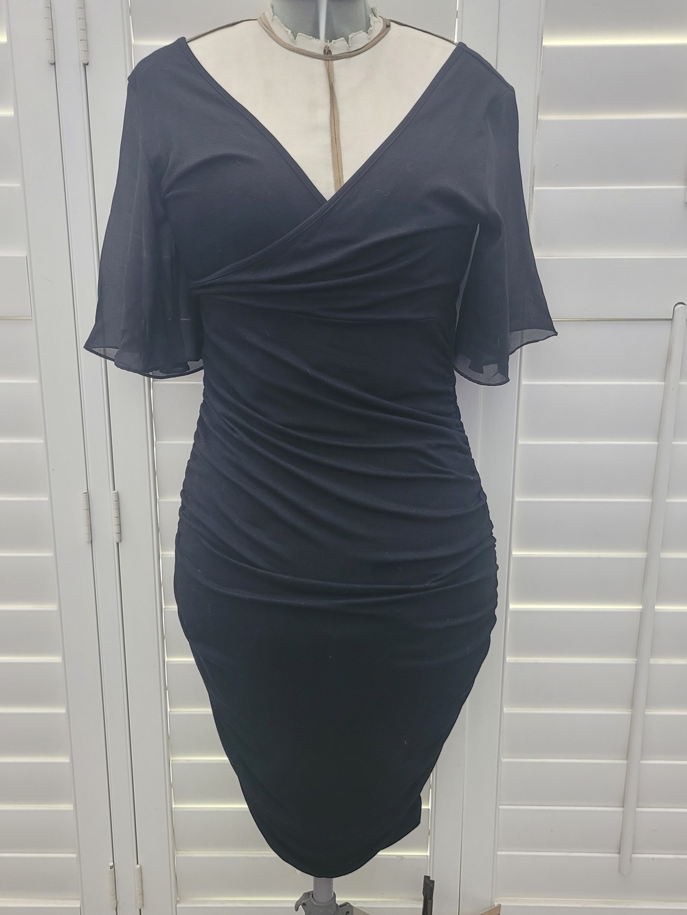 PattyBoutik Black Ruched Bodycon Midi Dress Flutter Sleeve V Neck Size M
